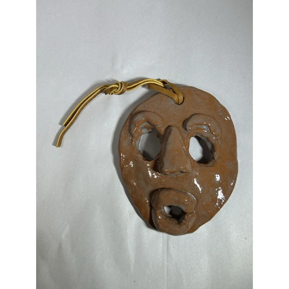 Vintage Clay Face Folk Art Ornament Hang Signed  Artist Decor Collectible